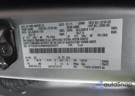 2015 Ford F-150 Xlt из США, поврежденный, VIN 1FTEW1CP6FKE07577